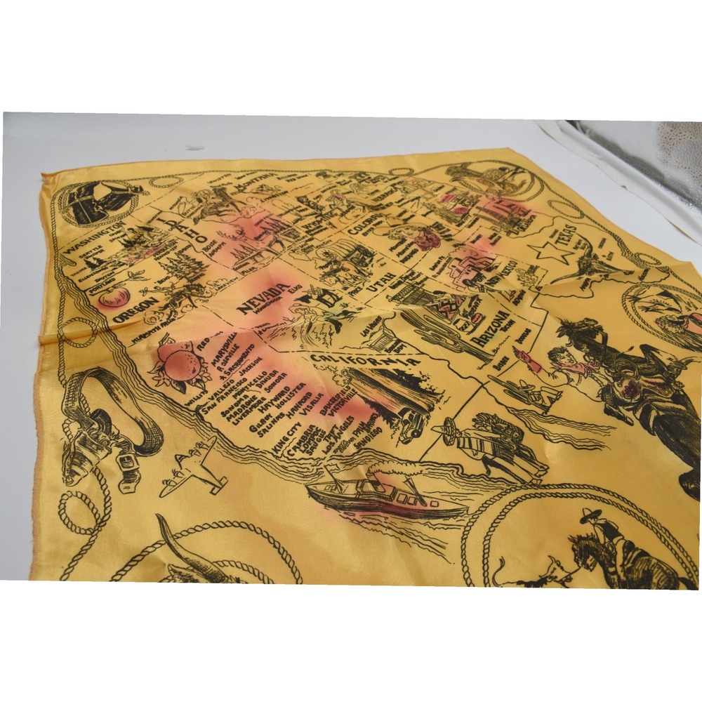 Vintage Western USA Map Souvenir Scarf Yellow Cowboy Americana Made in USA 23x23